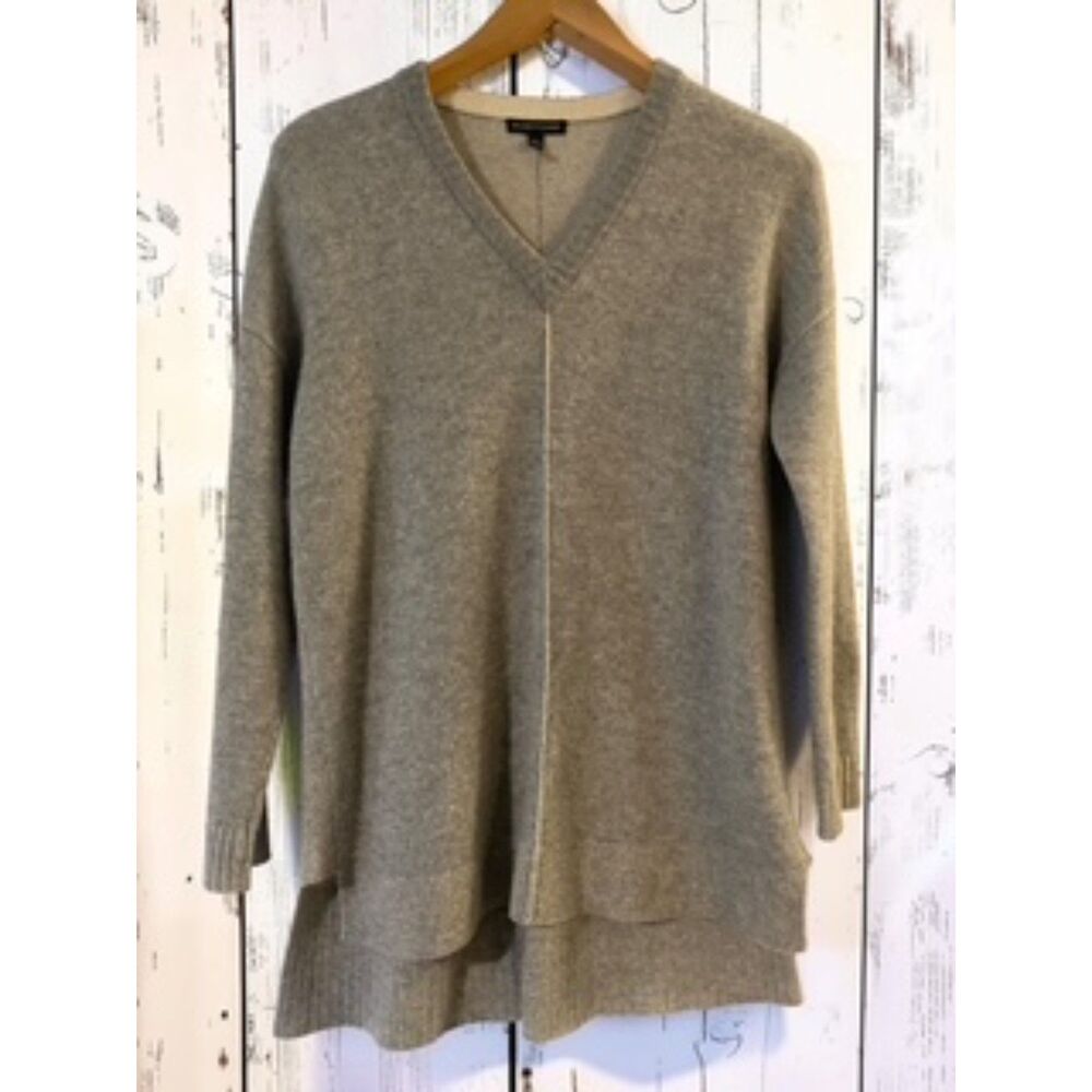 Eileen Fisher 100% Cashmere Tonal Pleated V-Neck Tunic Sweater Grey XXS/TP